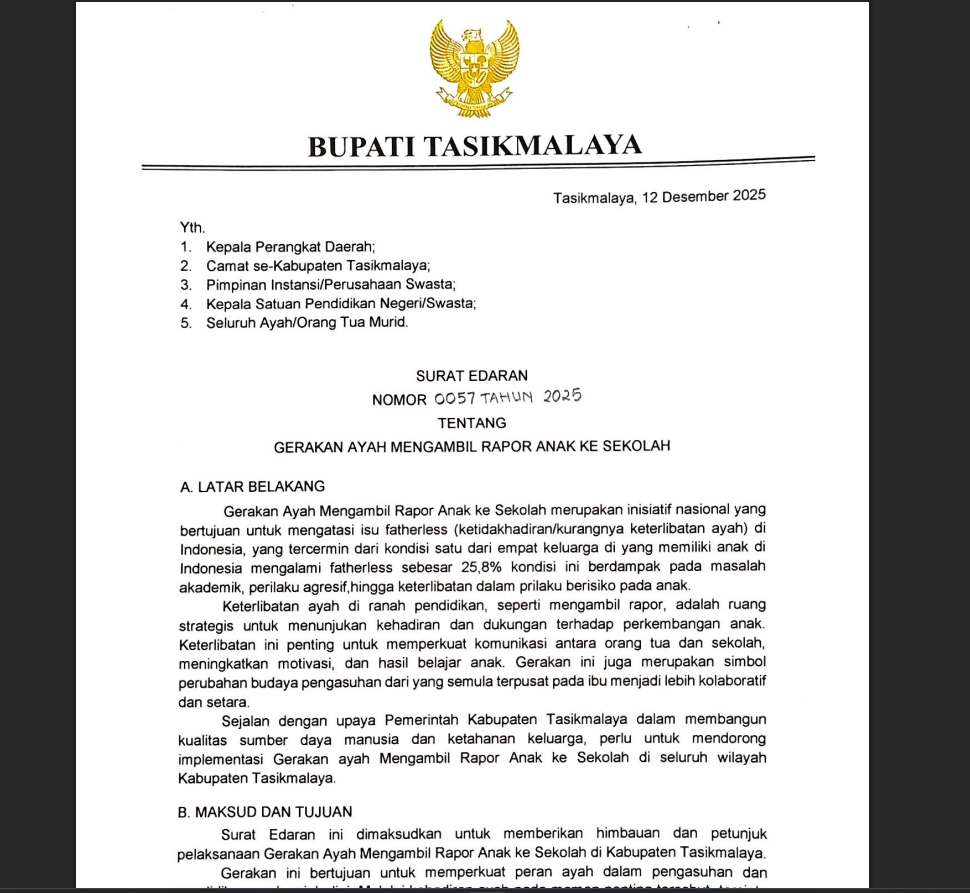 PEMERINTAH DAERAH KAB. TASIKMALAYA TERBITKAN SURAT EDARAN GERAKAN AYAH MENGAMBIL RAPOR ANAK KE SEKOLAH
